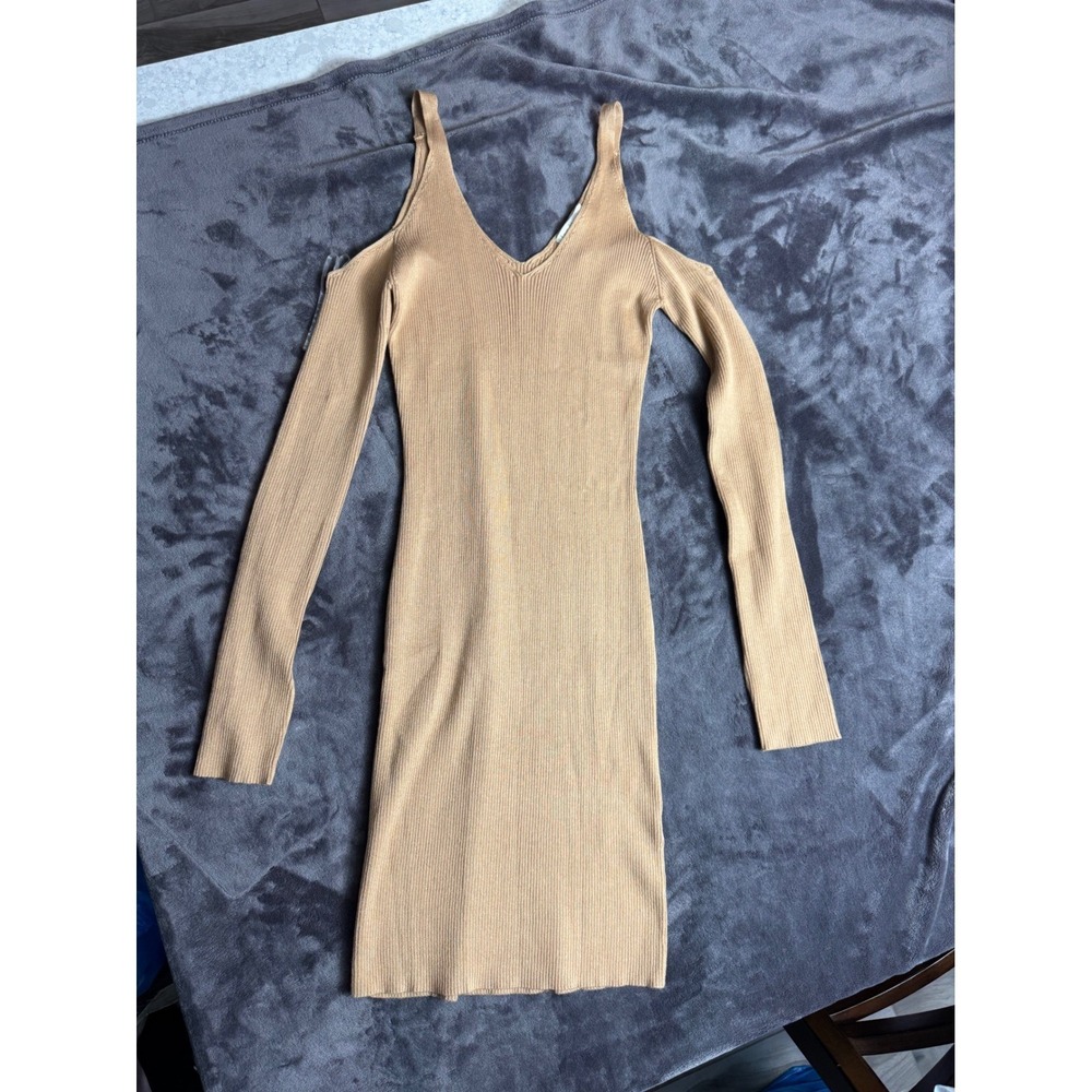 Love Always Tan Ribbed Cold Shoulder V-Neck Bodycon Midi Dress XL NWT